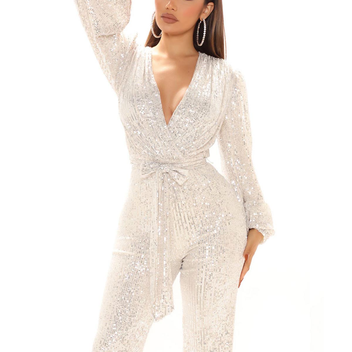 Women Deep V-neck Sequin Disco Party Jumpsuit