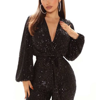 Women Deep V-neck Sequin Disco Party Jumpsuit