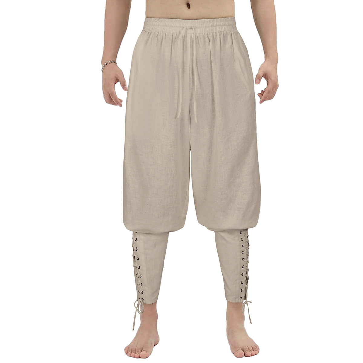 Male Classic Lightweight Breathable Linen Trousers With Stylish Leg Ties