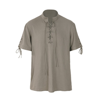 Mens Linen V Neck Short Sleeves Renaissance Pirate Shirt