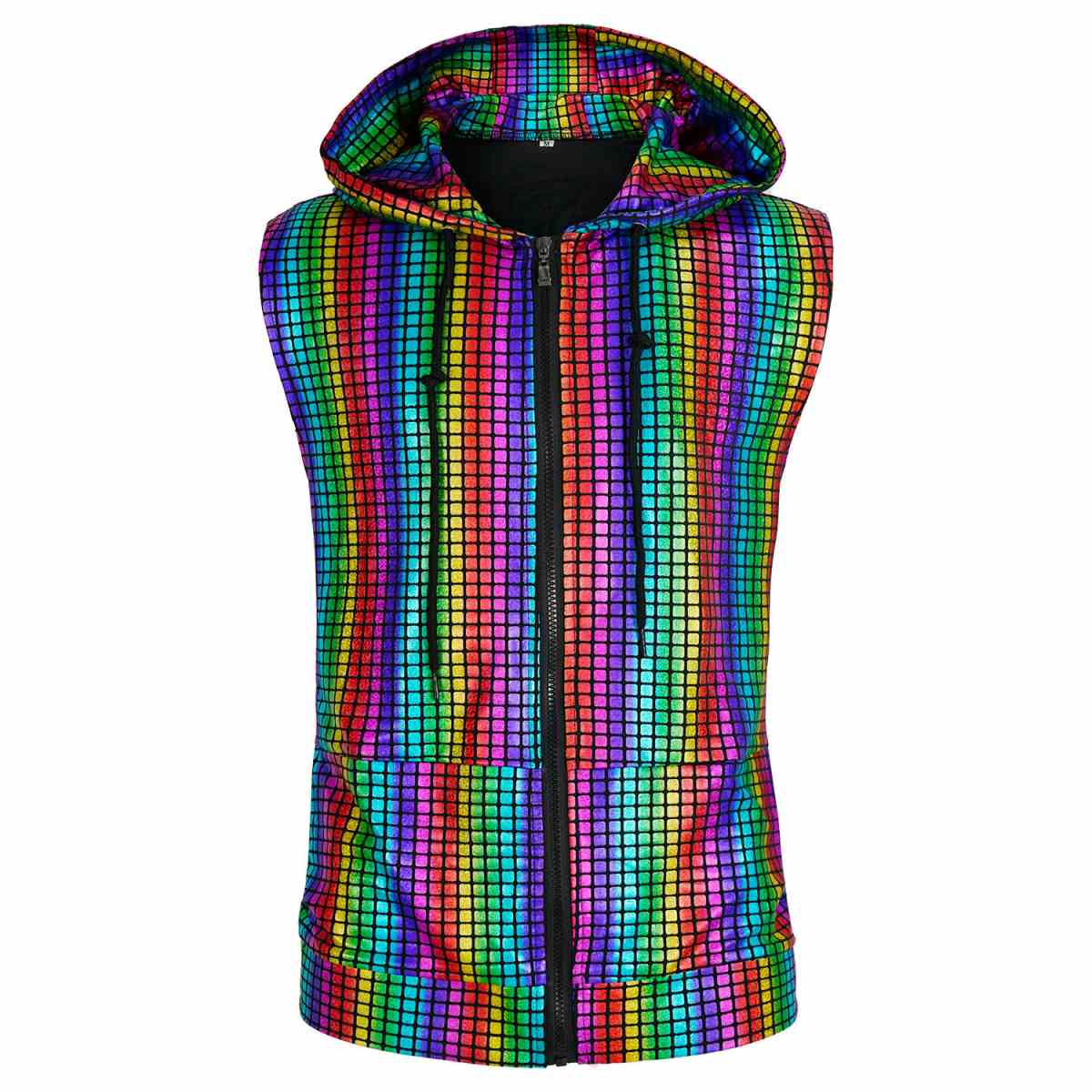 Men's Disco Hippie Sleeveless Hoodie Nightclub Party Metallic Zipper Vest