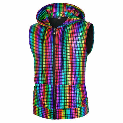 Men's Disco Hippie Sleeveless Hoodie Nightclub Party Metallic Zipper Vest