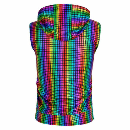 Men's Disco Hippie Sleeveless Hoodie Nightclub Party Metallic Zipper Vest