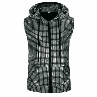 Men's Disco Hippie Sleeveless Hoodie Nightclub Party Metallic Zipper Vest