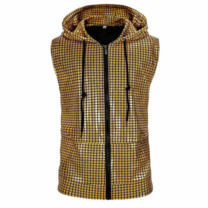 Men's Disco Hippie Sleeveless Hoodie Nightclub Party Metallic Zipper Vest