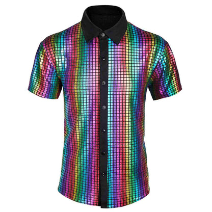 Mens 70s Sequin Disco Shirt Shiny Short Sleeve Party Top