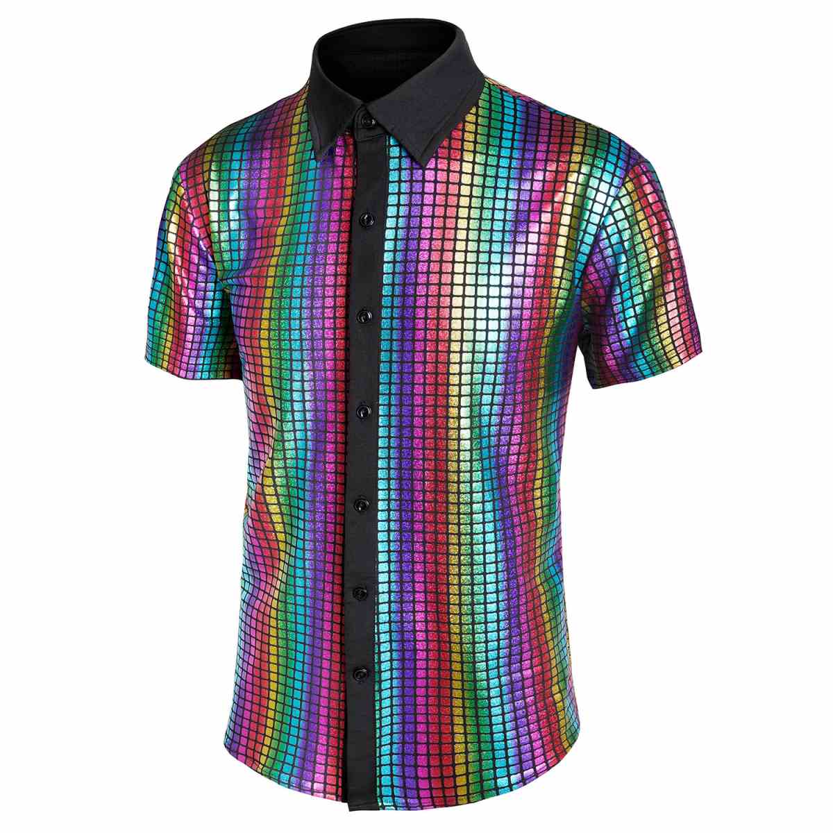 Mens 70s Sequin Disco Shirt Shiny Short Sleeve Party Top