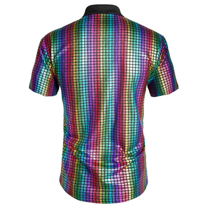 Mens 70s Sequin Disco Shirt Shiny Short Sleeve Party Top