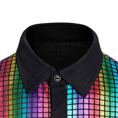 Mens 70s Sequin Disco Shirt Shiny Short Sleeve Party Top