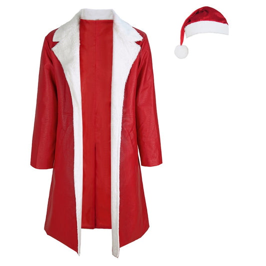 Mens Christmas Outfit Red Leather Santa Jacket With Hat