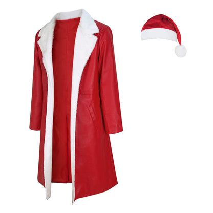 Mens Christmas Outfit Red Leather Santa Jacket With Hat