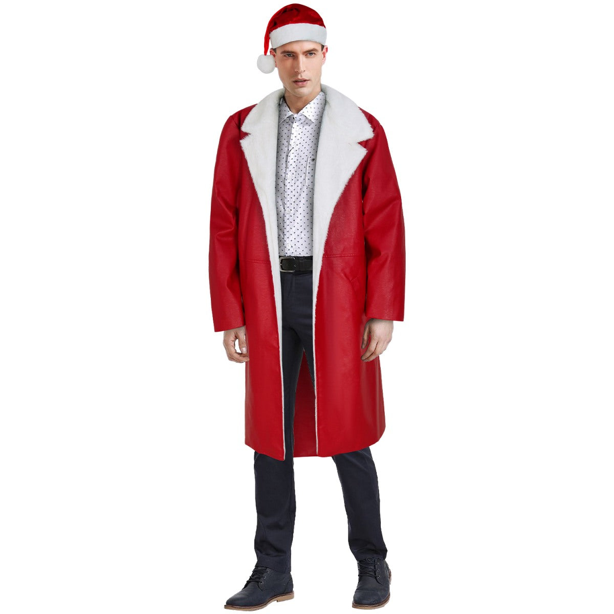 Mens Christmas Outfit Red Leather Santa Jacket With Hat