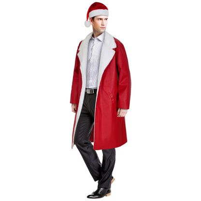 Mens Christmas Outfit Red Leather Santa Jacket With Hat