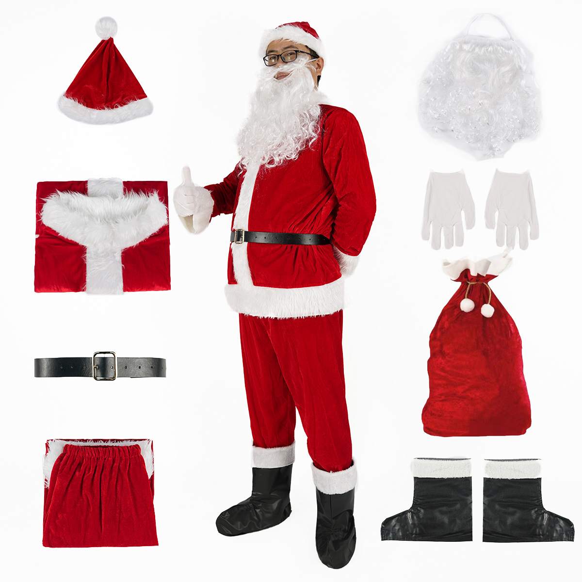 8 Pieces Deluxe Santa Claus Costume Set Adults Complete Christmas Outfit