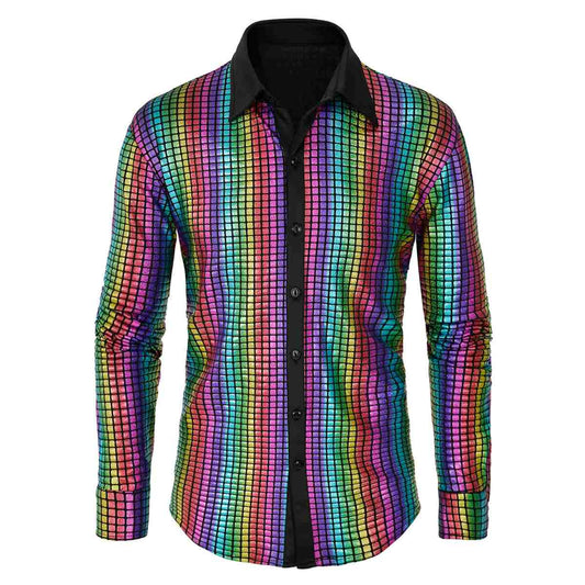 Shiny Long Sleeve Sequin Disco Shirt for Men 70s Costume