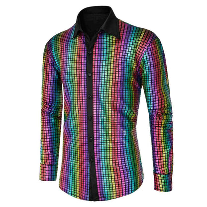 Shiny Long Sleeve Sequin Disco Shirt for Men 70s Costume